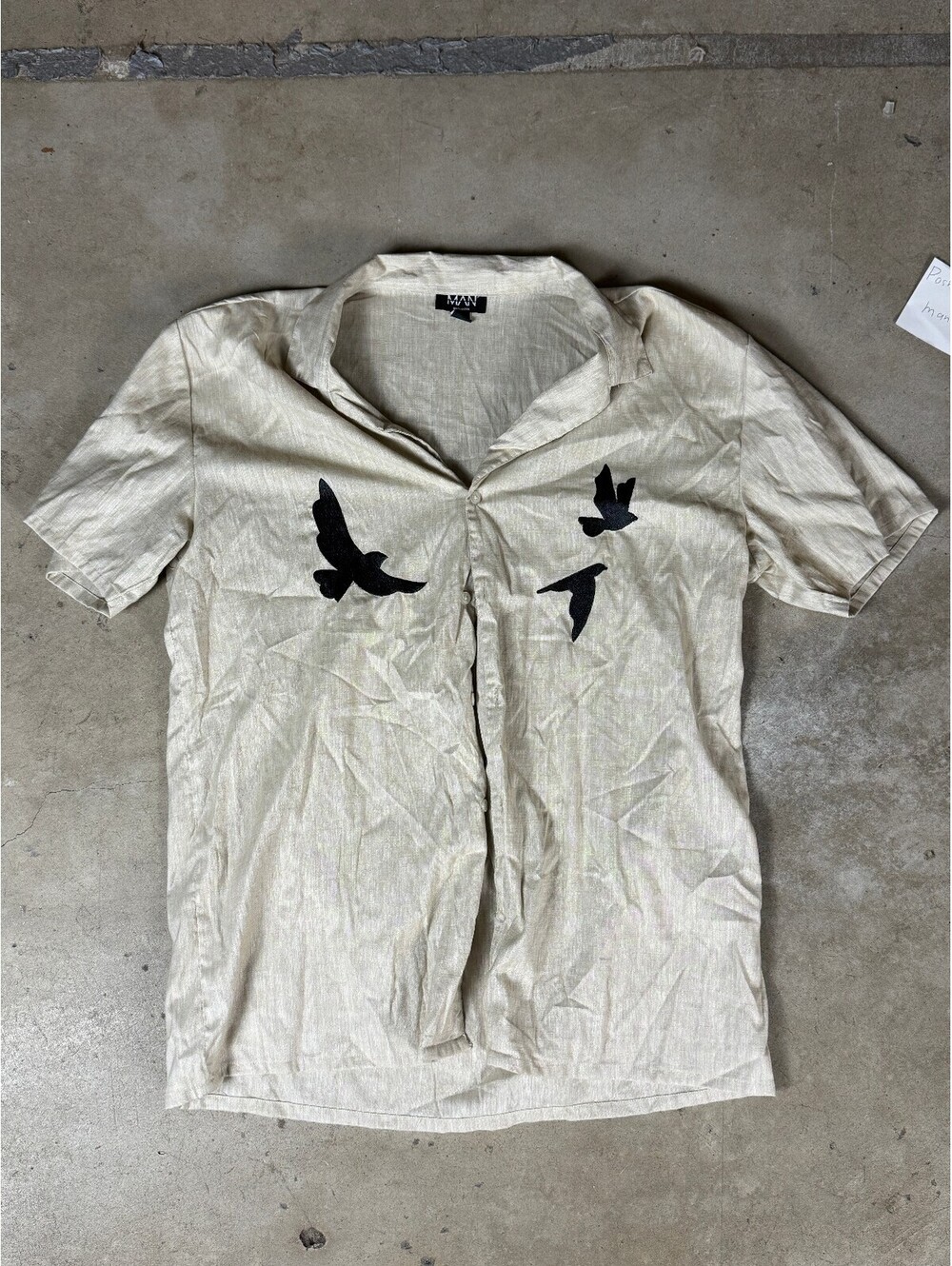 BoohooMAN Beige Bird Graphic Camp Collar Short Sleeve Button Up Shirt oversized